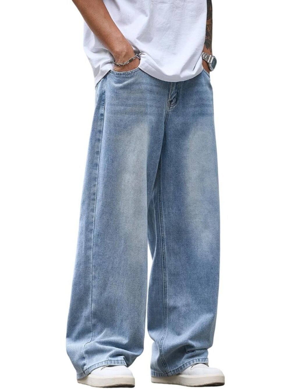 Men C12 Light Blue Wide Leg Loose Fit Hip Hop Streetwear Casual Denim Baggy Jean